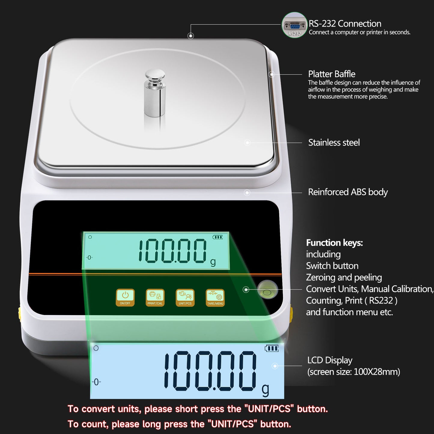 RUISHAN High precision balance 0.01g ( LCD display+Reinforced ABS base )