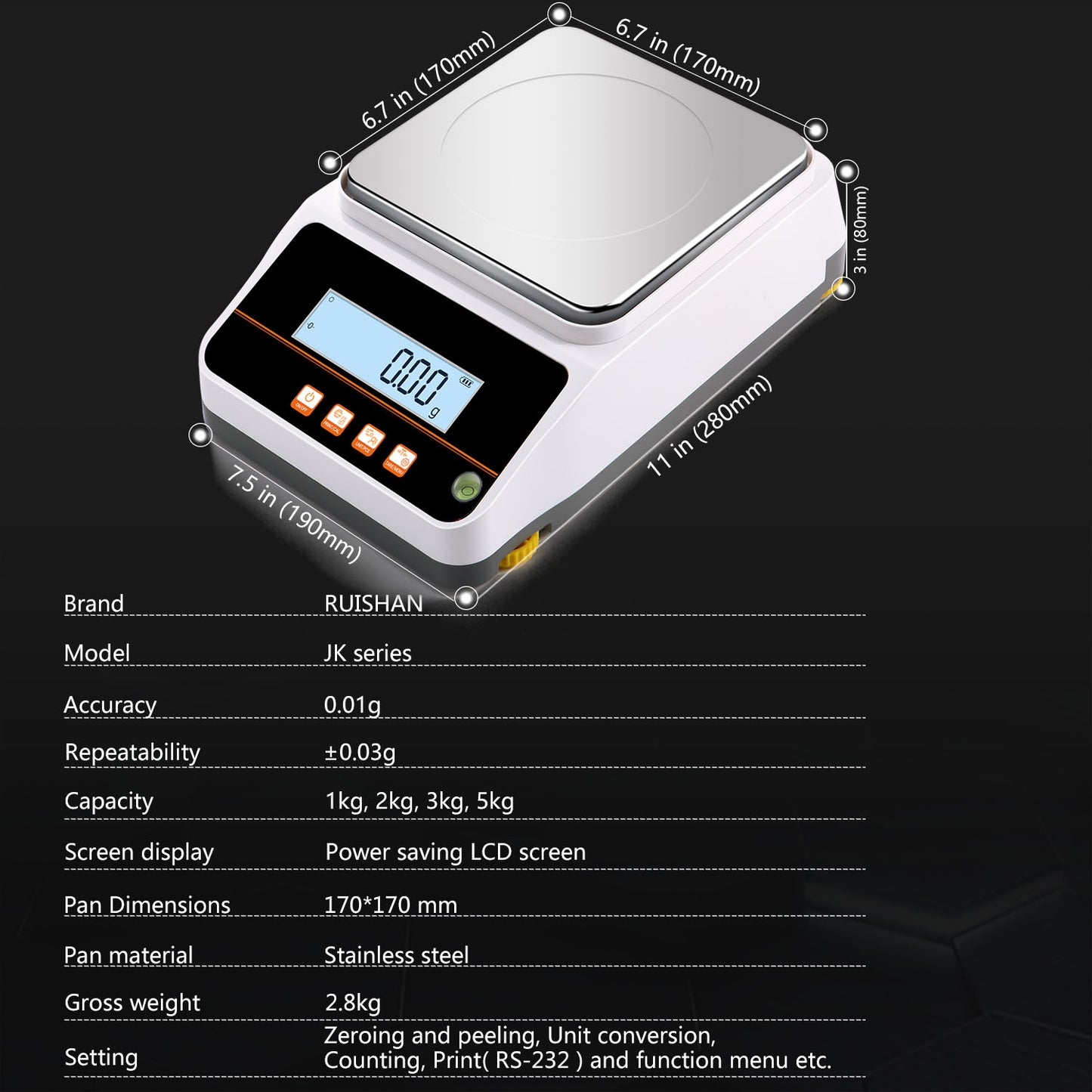 RUISHAN High precision balance 0.01g ( LCD display+Reinforced ABS base )